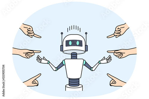 People blame robot for unemployment and point fingers at cyborg due to development artificial intelligence. Unfortunate robot is being bullied of because envy high productivity modern ai technologies