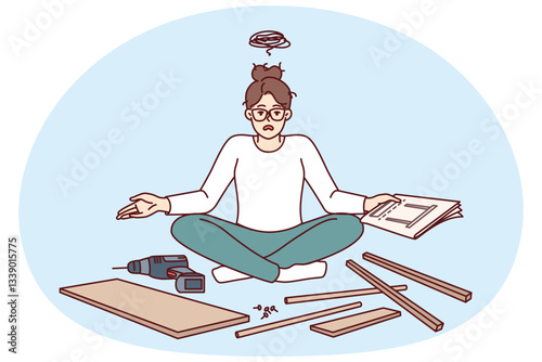 Embarrassed woman tries to assemble furniture by herself and gets frustrated after reading instructions. Girl with manual in hands sits near disassembled table and is sad, needing help furniture maker