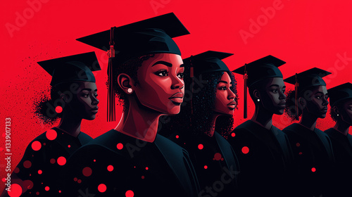 Juneteenth concept featuring line of African American graduates wearing caps and gowns, symbolizing success, pride, and liberation