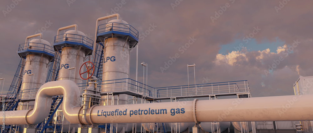 Tableau sur toile View of the fractionation towers at a Liquefied Petroleum Gas (LPG) factory, which separate hydrocarbon gases derived from crude oil refining