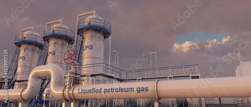 Konstfotografi View of the fractionation towers at a Liquefied Petroleum Gas (LPG) factory, which separate hydrocarbon gases derived from crude oil refining