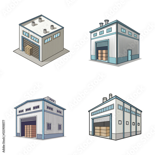 realistic warehouse vector icon. industrial warehouse illustration with open roller shutter. modern warehouse building with stacked boxes.