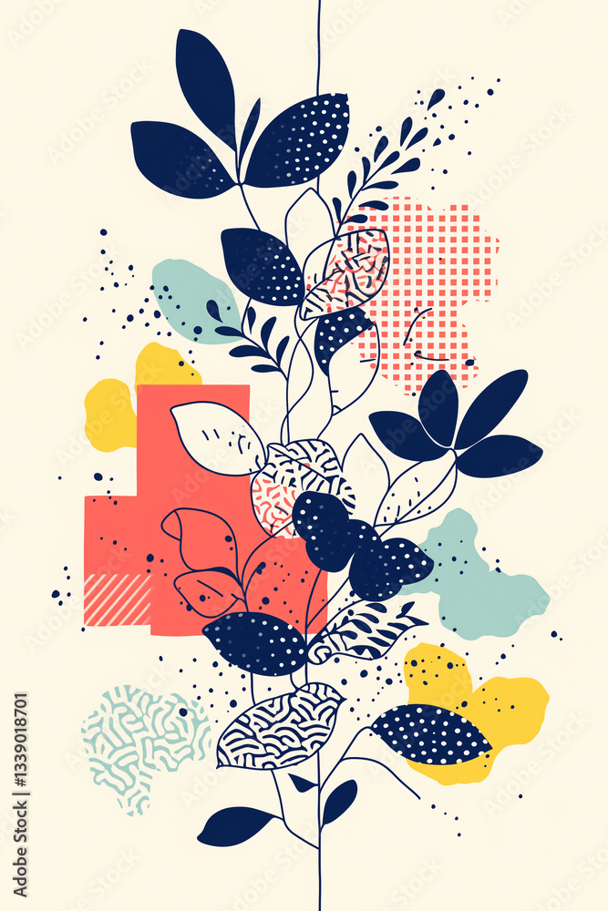 Naklejka premium Botanical Abstraction: An artistic depiction of a plant featuring various leaf and floral elements intertwined with geometric shapes and vibrant color palettes.
