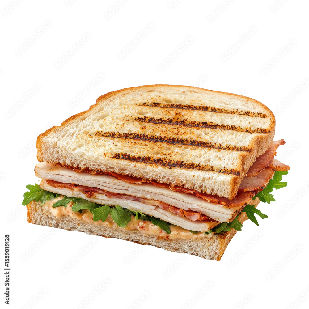 Grilled sandwich with layers of turkey, ham, and fresh greens Grilled sandwich with layers of turkey, ham, and fresh greens