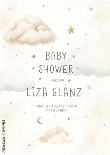 Cute baby shower watercolor invitation card for new born celebration. With clouds and stars.