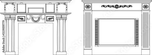 sketch vector illustration silhouette design interior furniture fireplace for burning firewood heating in winter classic vintage renaissance model 