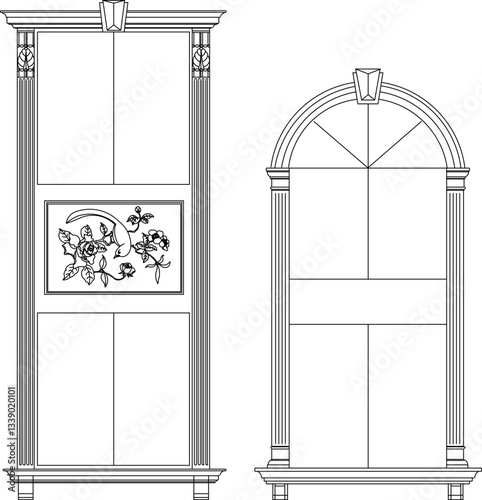 vector sketch illustration silhouette of colonial gothic renaissance window design with pergola and canopy classic vintage european model 