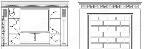 sketch vector illustration silhouette design interior furniture fireplace for burning firewood heating in winter classic vintage renaissance model 