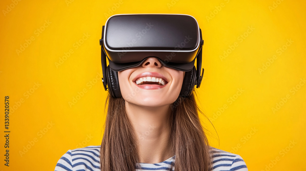 Fototapeta premium A young woman wearing a virtual reality headset smiles joyfully against a bright yellow background, showcasing a fun and immersive tech experience.