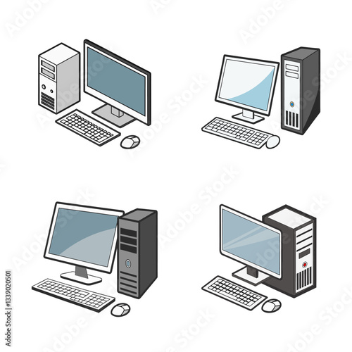 modern desktop computer icon. realistic vector pc illustration. sleek widescreen monitor with accessories.