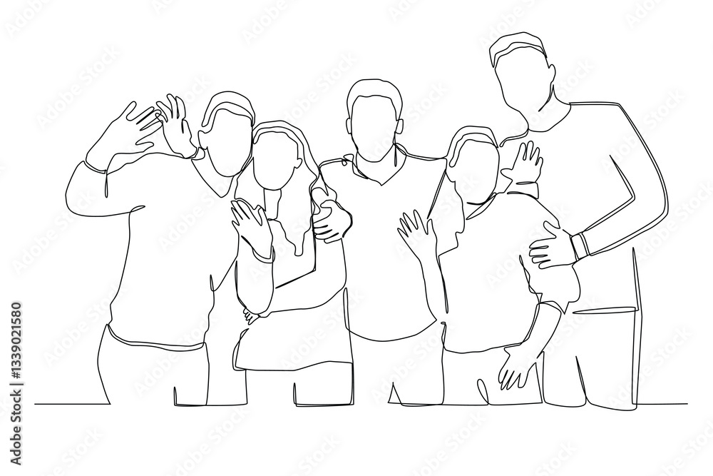 Continuous one line art of group of men and women standing together showing their friendship. Continuous one line art of group of men and women standing together showing their friendship.