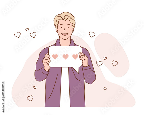 Smiling young man holding speech bubble with three heart icons, surrounded by floating hearts. Minimalistic hand-drawn style on white background. Concept of love and social media. Vector illustration