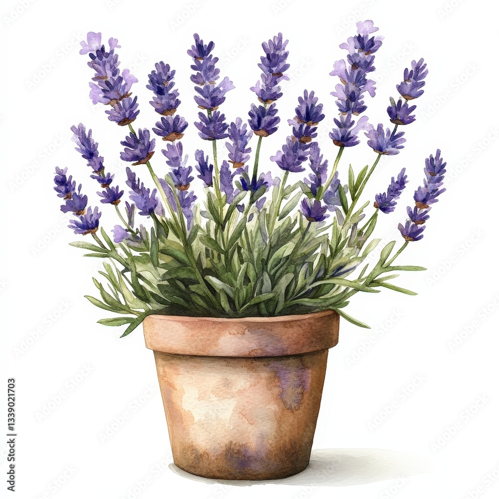Fragrant Lavender Blooms in Rustic Terracotta Pot on White Background Fragrant Lavender Blooms in Rustic Terracotta Pot on White Background