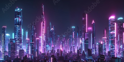 Sci-fi city skyline with plum and jade neon lights. Night scene with advanced skyscrapers. 3D Render.