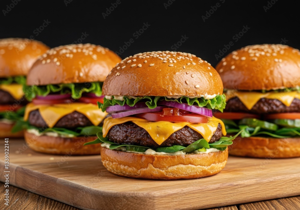 Close up of several burgers with cheese lettuce tomato and onion on a wooden cutting board surface Close up of several burgers with cheese lettuce tomato and onion on a wooden cutting board surface
