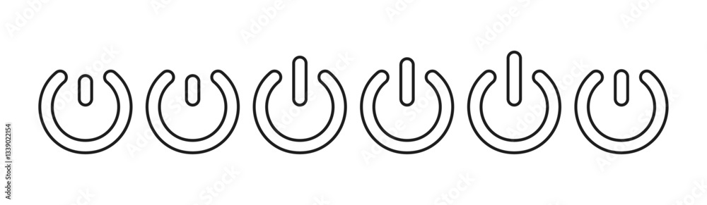 Power button icon with on-off switch symbol, standby mode pictogram, energy control for computer or electric device. Flat vector illustration isolated on white background.
