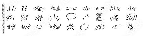 Comic movement lines and expressive shapes with fun graphic effects. Hand-drawn cartoon elements including arrows, marks, and brush strokes. Flat vector illustration isolated on white background.