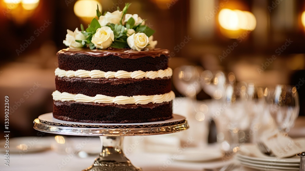 A multi-layered chocolate cake with rich frosting between each layer, elegantly placed on a cake stand. A multi-layered chocolate cake with rich frosting between each layer, elegantly placed on a cake stand.