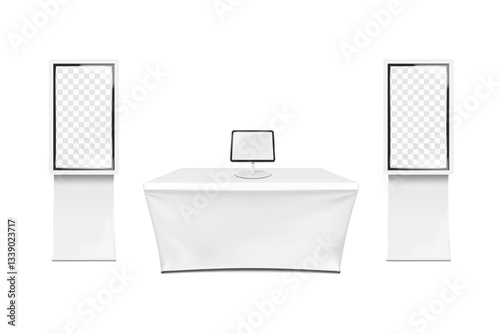 Exhibition set template. Tradeshow blank white stretch cover table for brand design, desktop digital tablet stand, interactive touch screen kiosk floor stands. Mockup. Trade show kit. Vector mock-up