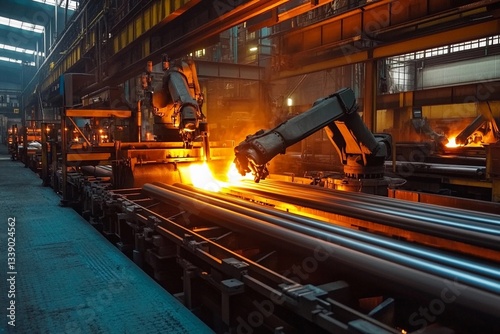 Industrial robots automate steel production in a large manufacturing facility during the day photo