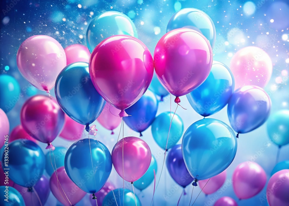 Festive Pink & Blue Balloons Floating in a Clear Sky with Bokeh - Celebration Background Festive Pink & Blue Balloons Floating in a Clear Sky with Bokeh - Celebration Background