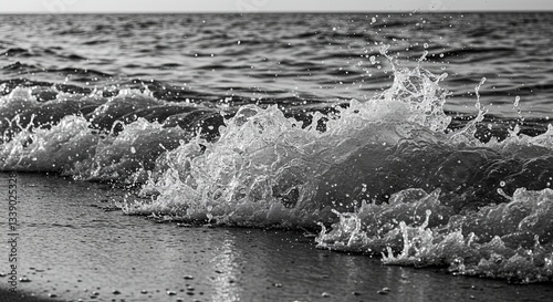 The image is a black and white photo of a wave crashing on the shore