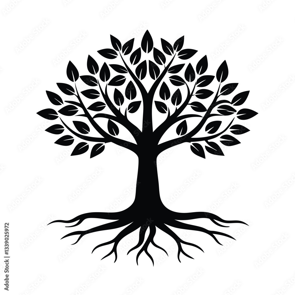 Obraz premium Black and white stylized tree, roots, leaves, nature, growth, symbol, emblem, design, illustration, 