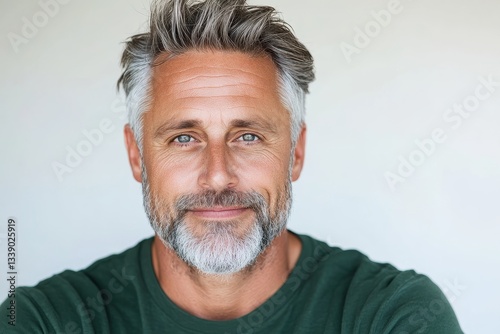 portrait of 45 years old mature softly smiling man in green T-shirt on white background