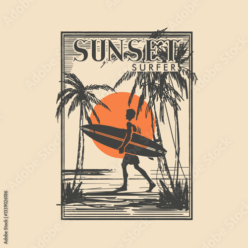 Sunset Surfer retro vintage surfing hand drawn nature poster design