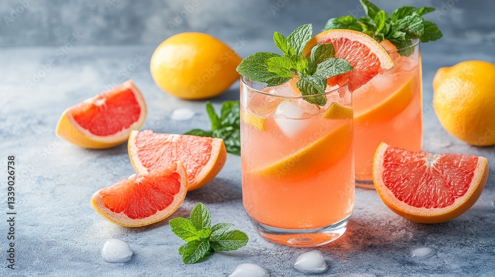 Fototapeta premium closeup summer grapefruit lemonade, mint in glasses, detox citrus water