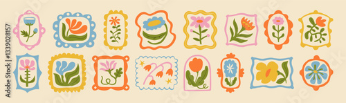 Colorful floral frame illustration set. Vintage style flower design collection. Geometric natural bouquet decoration, spring season nature flowers.