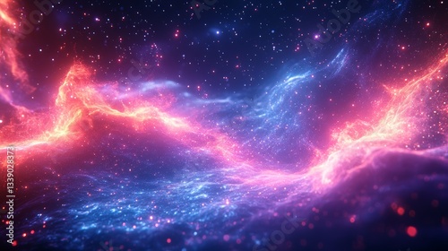 Abstract cosmic nebula with red and blue glowing energy streams and sparkling stars.