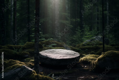 A stone platform covered in moss sits quietly in a shaded forest, bathed in sunlight streaming through the treetops, creating an enchanting atmosphere in the early morning tranquil setting