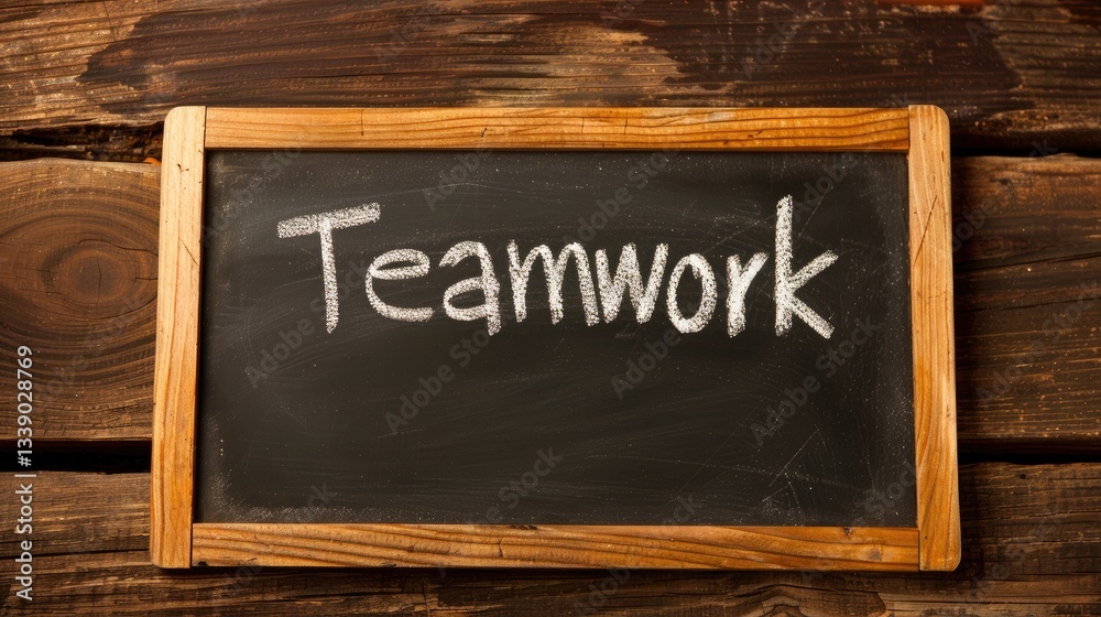 Fototapeta premium Chalkboard with Teamwork written on it against rustic wooden background