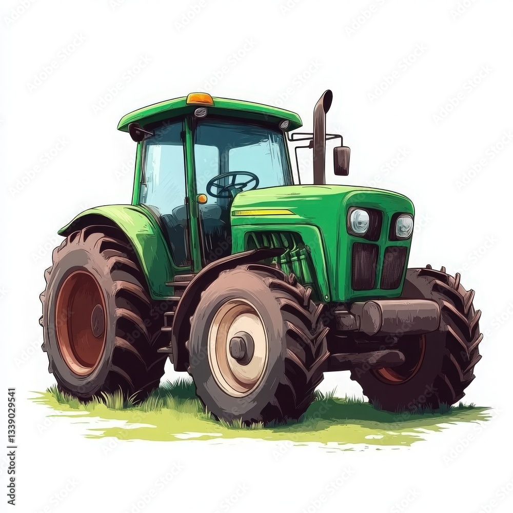 Obraz premium Green Tractor on Grass Patch Detailed Illustration