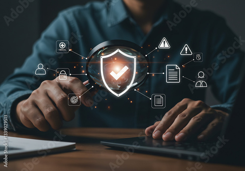 Person Inspecting Digital Shield with Magnifying Glass, Cybersecurity Concept