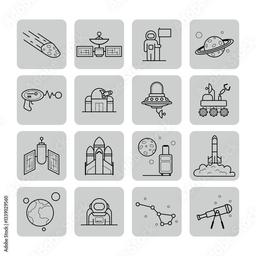 Collection of various space-themed icons arranged in grid. Planets, rockets, and astronauts, showcasing elements of space exploration and science