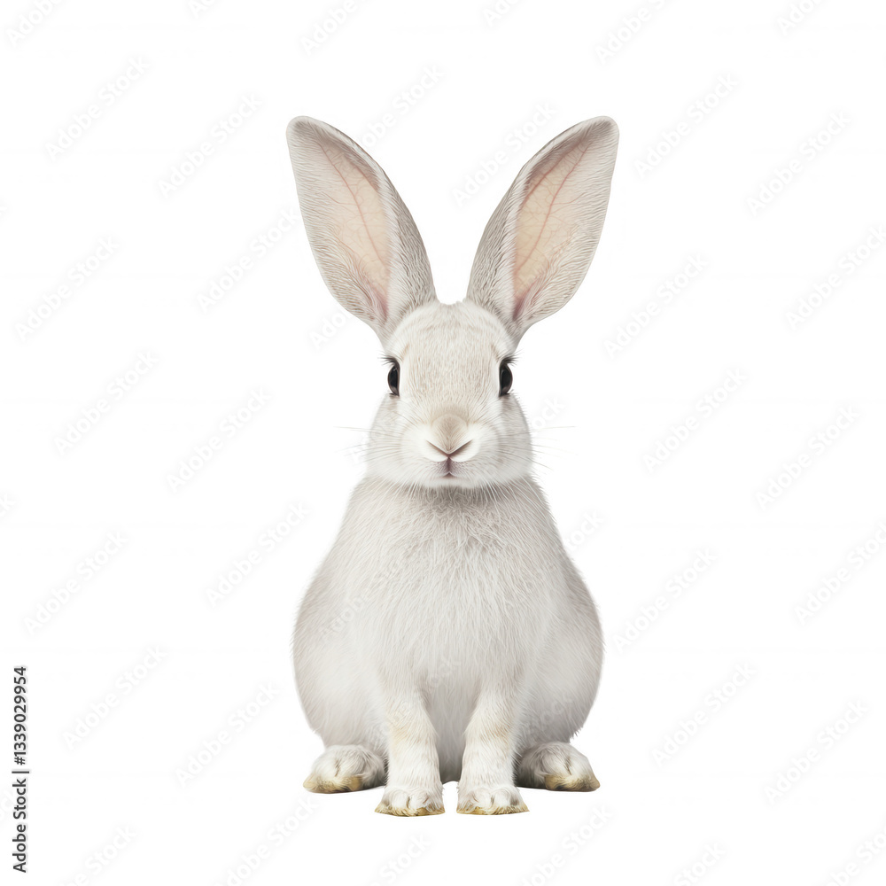 Fototapeta premium White rabbit sitting upright on a white isolated background.