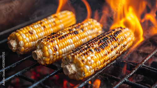 of corn on the cob roasting on an open grill with slight charring and smoky flames 