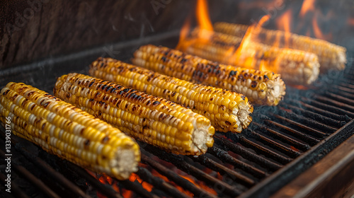 of corn on the cob roasting on an open grill with slight charring and smoky flames 