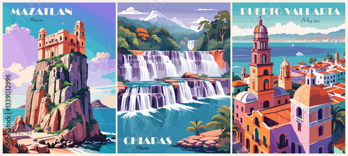 Set of Mexico Travel destination posters in retro style. Mazatlan, Chiapas, Puerto Vallarta beautiful landscapes. Vector art illustrations