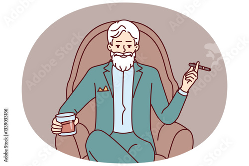 Elderly man aristocrat sits in armchair in expensive formal suit and drinks brandy with cigar. Millionaire aristocrat with gray mustache and beard poses haughtily with glass of alcohol