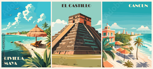 Set of Mexico travel destination posters in retro style. Beautiful Caribbean landscapes colorful vector art illustrations.