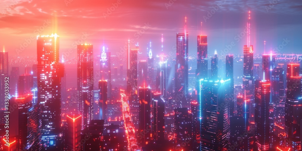 Fototapeta premium Futuristic city skyline with periwinkle and orange neon lights. Night scene with advanced skyscrapers. 3D Render.