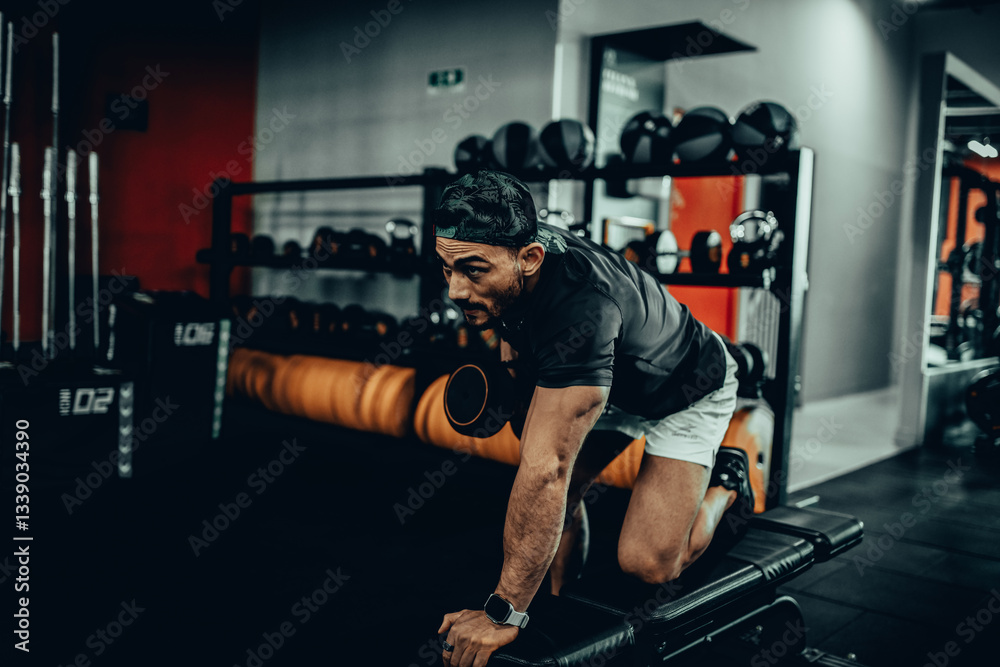 Hombre de 30 años haciendo ejercicio en un gimnasio de Bogotá, Colombia