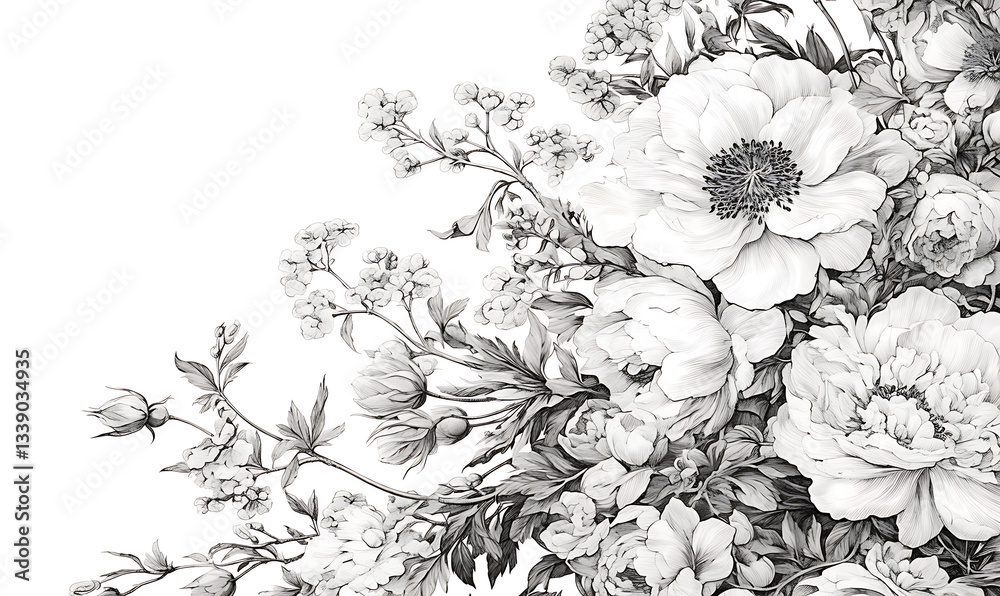 Fototapeta premium Creative 2D Doodle Floral Illustrations on White Background