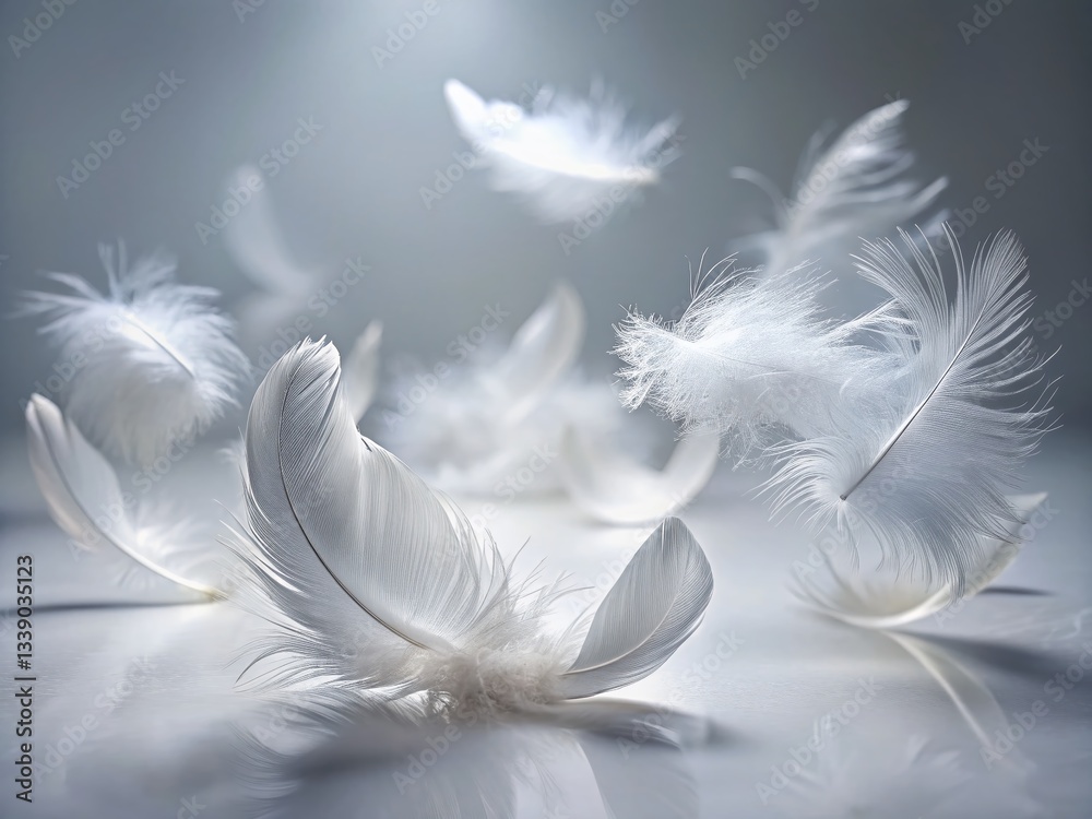 Fototapeta premium Ethereal Fluff: Simple Elegance, Delicate White Feathers on Pure Background