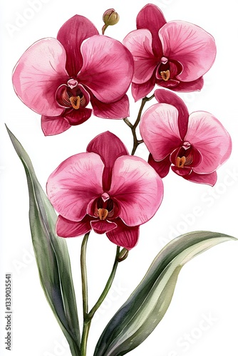 Beautiful Pink Orchids with Lush Green Leaves on White Background