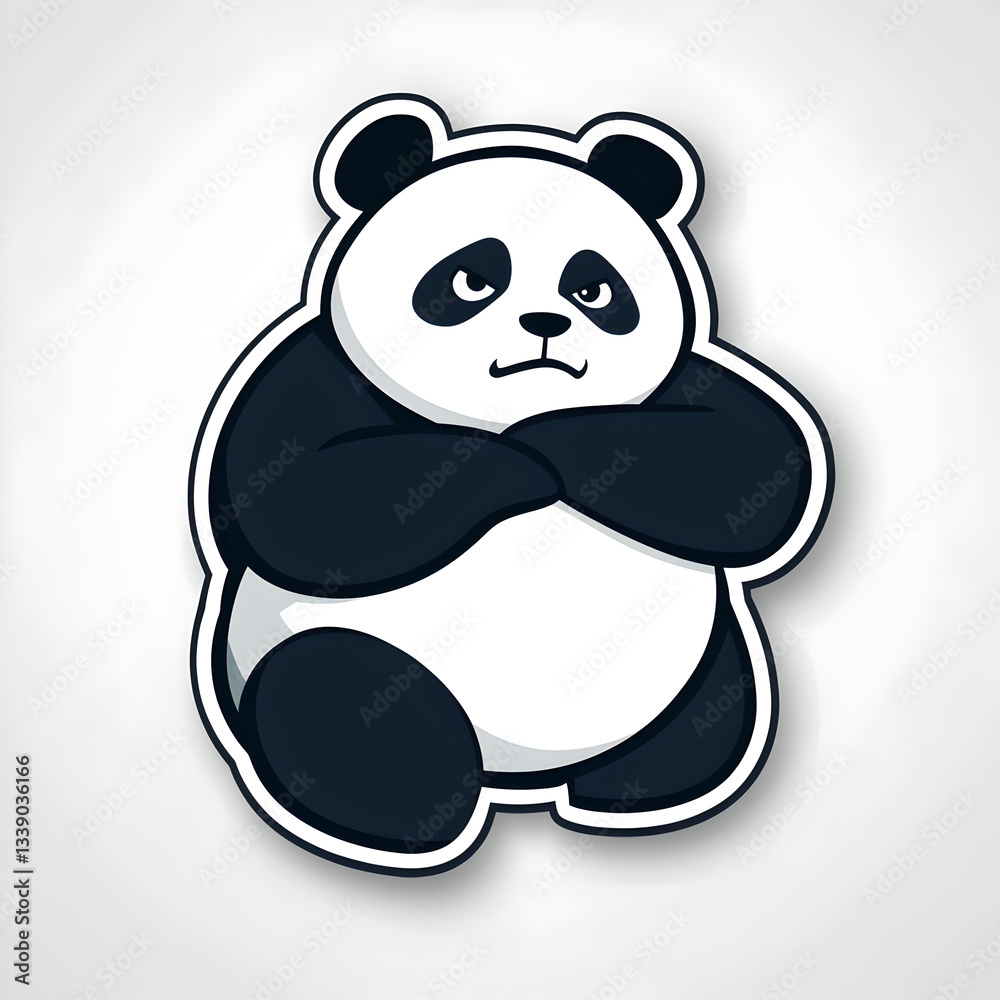 Naklejka premium A cartoon illustration of a panda bear with a grumpy expression, arms crossed.