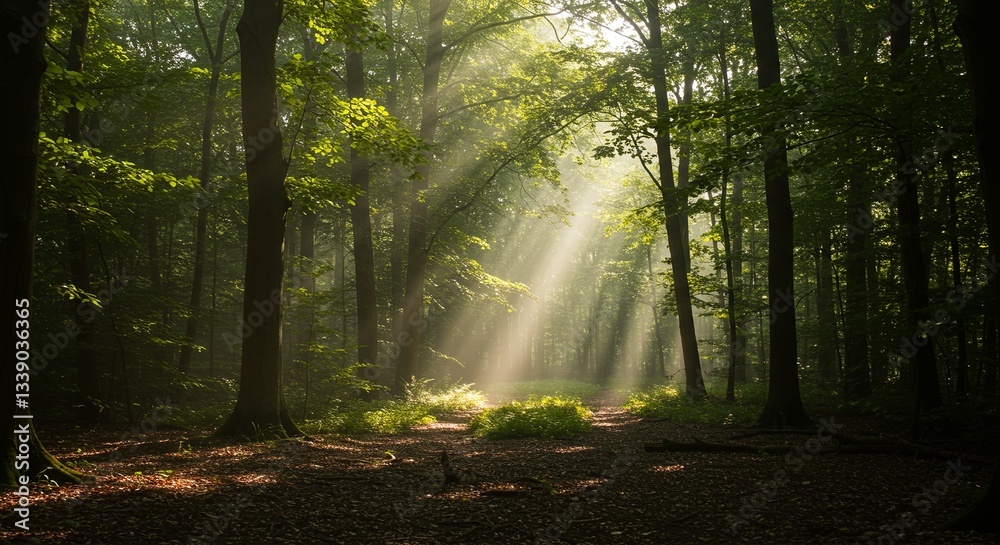 Obraz premium The sun is shining through the trees, casting a warm glow on the forest floor